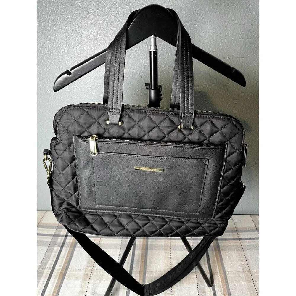 Steve Madden Laptop Book Bag Messenger Black Quilted Padded Logo Strap